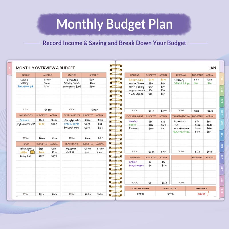 SUNEE 2026 Budget Planner - Monthly Budget Book from JAN 2026 - DEC 2026 with Expense Tracker Notebook, A4 Size (8.5"" x 11"") Bill Organizer & Finance Planner Account Book to Manage Your Finances, Purple - Image 3